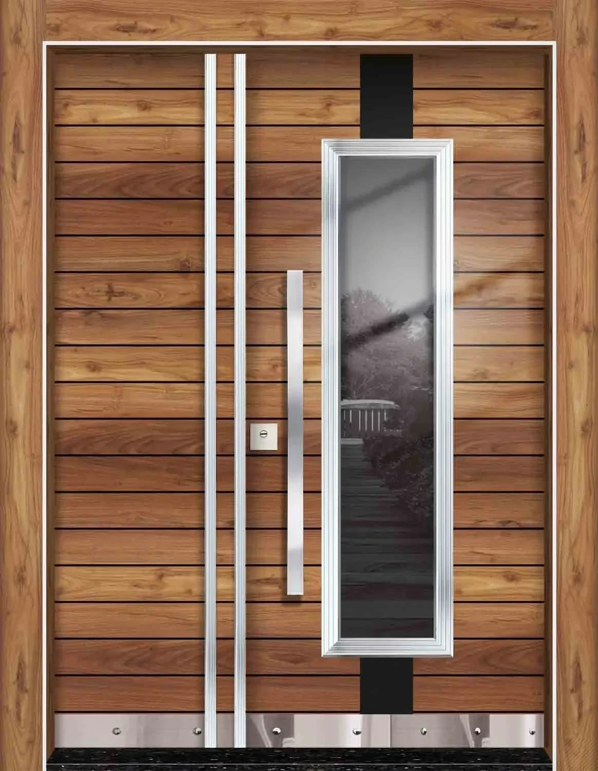 Hauseingangstür mit horizontalem Holzdekor und spiegelndem Glaspaneel