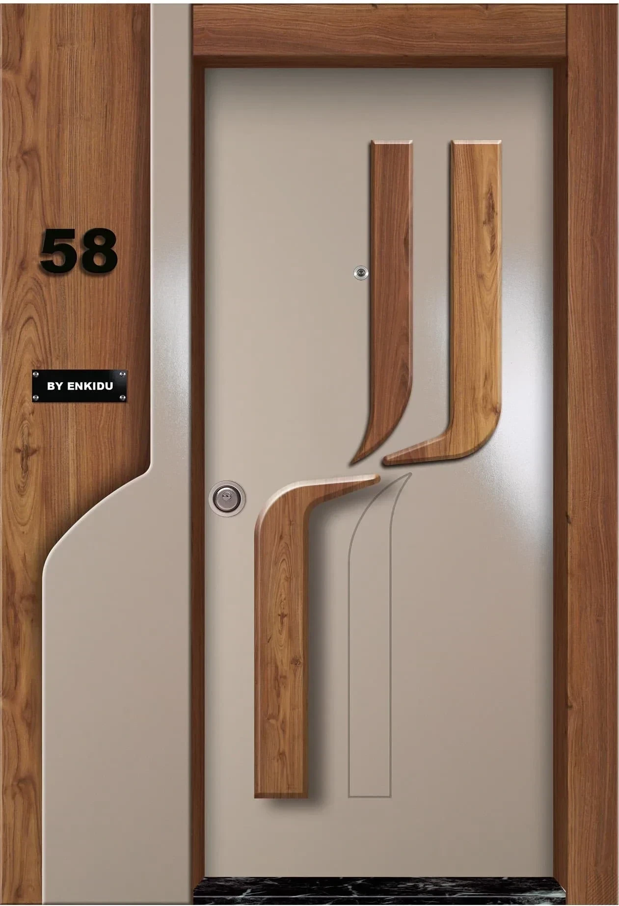 Beige Hauseingangstür mit organischer knospenartiger Holzform und integriertem Griff