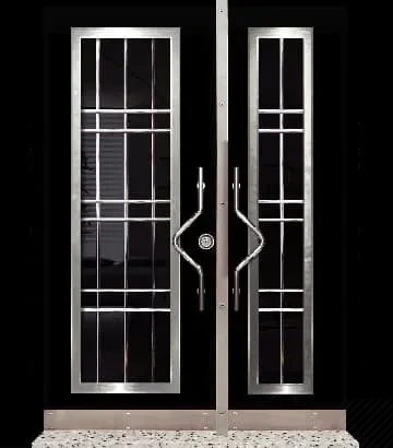 Hauseingangstür mit dunklem Glas im Edelstahl-Gitterraster