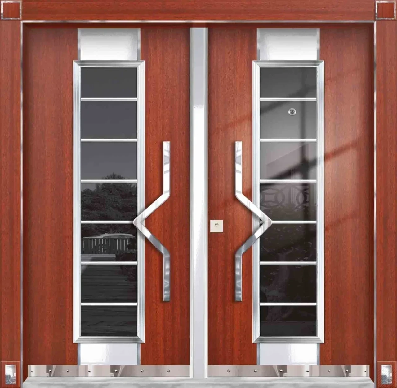 Hauseingangstür mit dunklem Glas und großen zickzackförmigen Chromgriffen