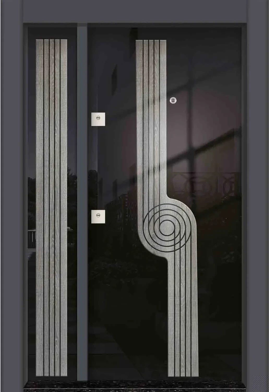 Hauseingangstür mit dunklem Glas und silberfarbener Spirallinie