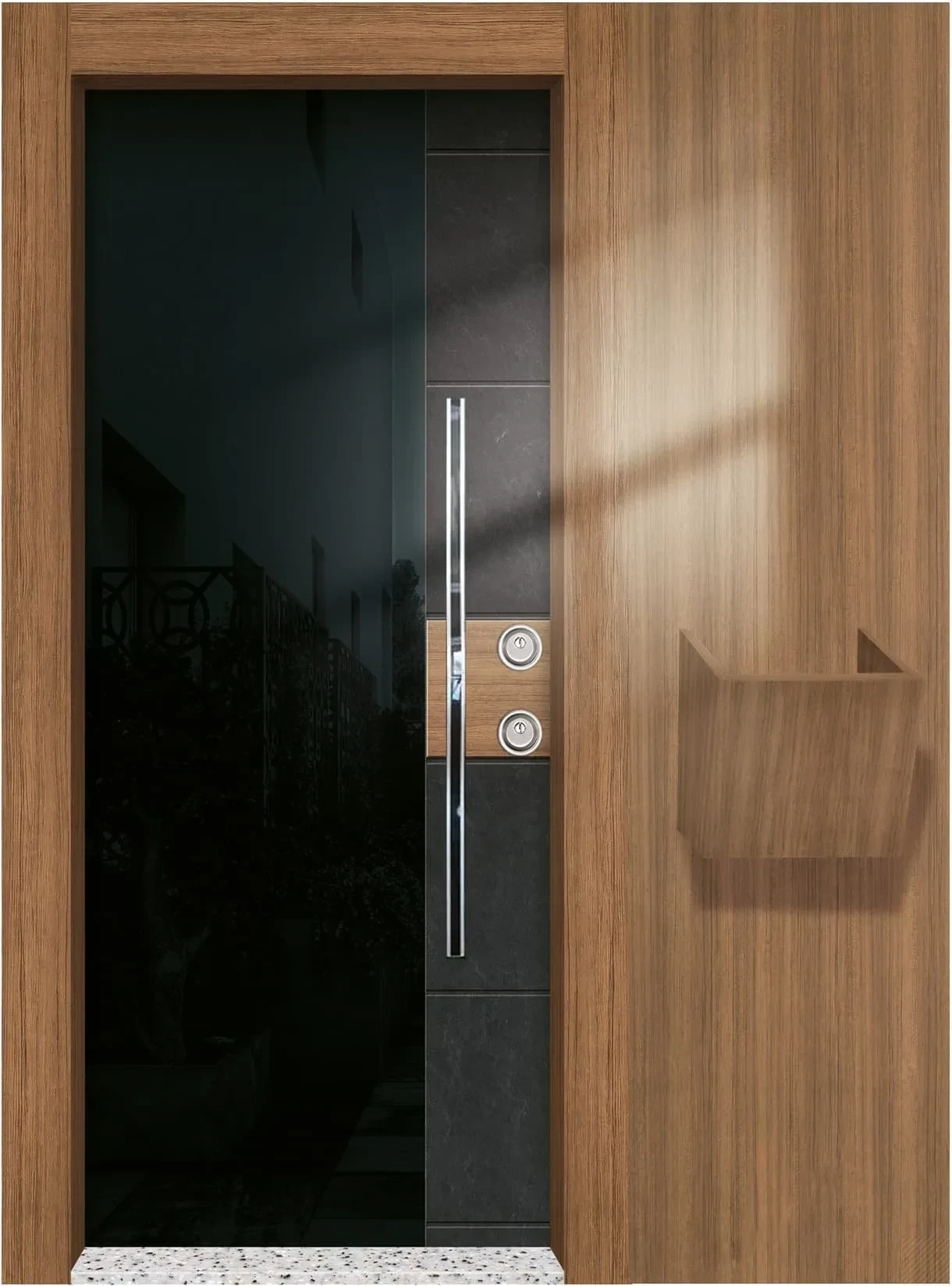 Hauseingangstür mit Eichenholz-Panel, dunklem Glas und Steinstreifen
