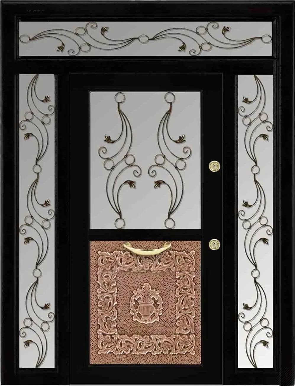 Schwarze Hauseingangstür mit Schmiedeglas und kupferfarbenem Reliefpanel
