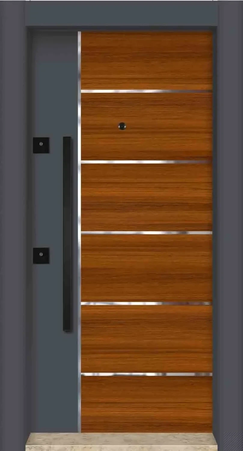 باب كومبوزيت ذهبي بني بأربعة شرائط إنوكس وخمسة أقسام متدرجة