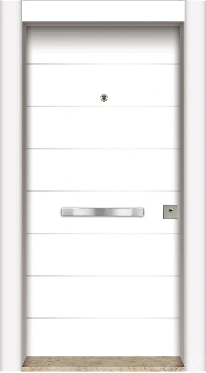 باب كومبوزيت أبيض بخطوط إنوكس دقيقة متساوية المسافات