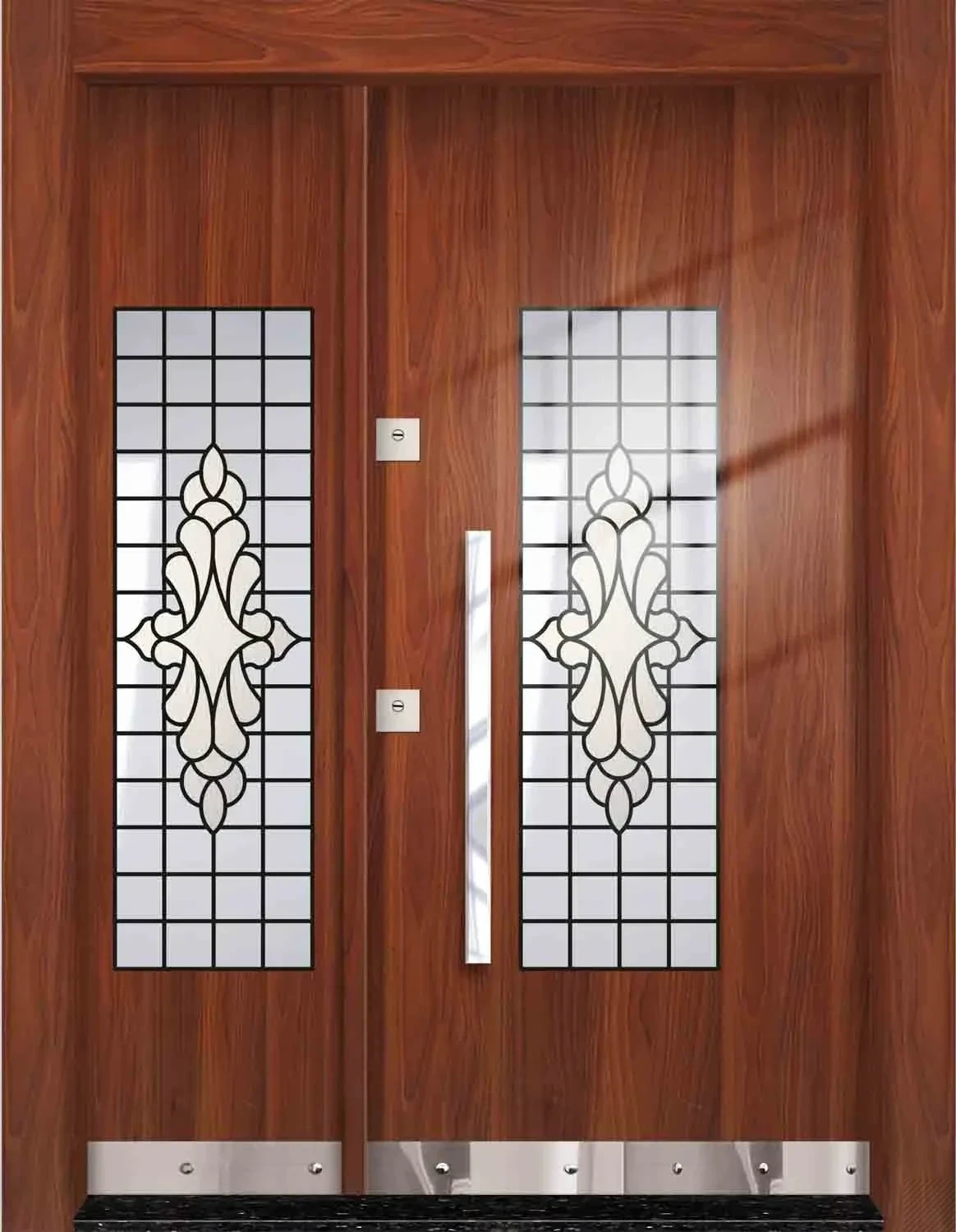 Mahogany double-leaf door with grid-glass windows and stained medallion motif