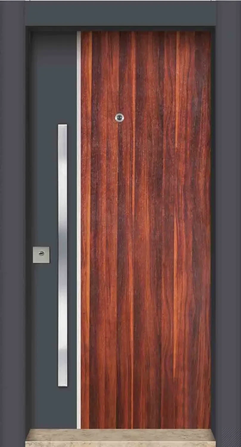 Two-tone anthracite and mahogany steel door with a shared vertical handle