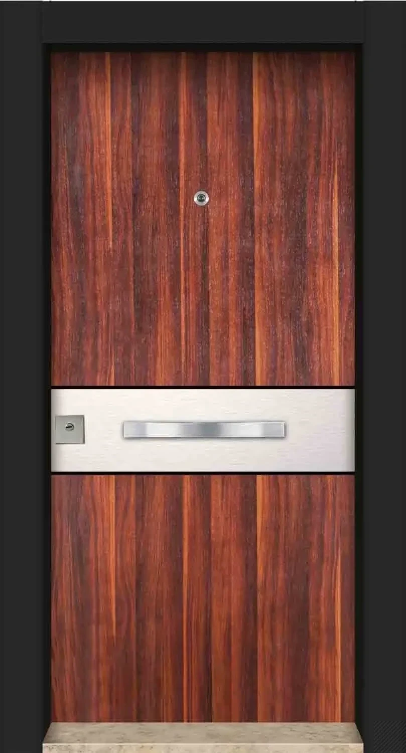Deep reddish wood-toned steel door with a wide horizontal stainless handle