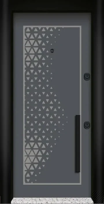 Porte en acier gris-bleu à mosaïque de triangles se dispersant vers le bas