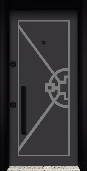 Porte en acier anthracite à longue diagonale et motif circulaire labyrinthe