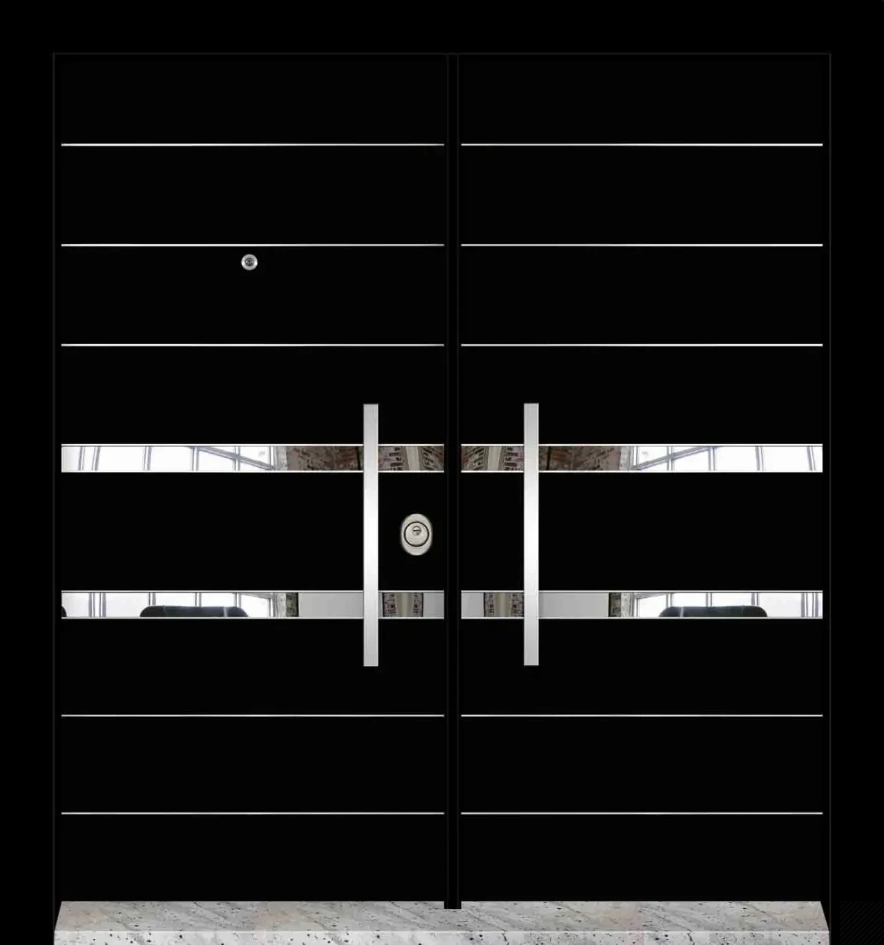 Matte black steel door with flowing white line and snowflake motif pattern