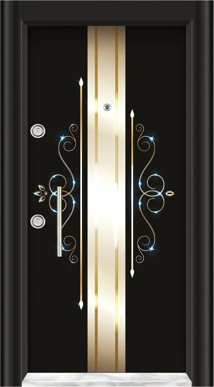 Matte black steel door with vertical gold strip and silver vine motif detail