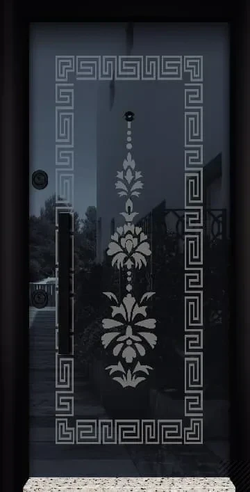 Frosted glass black door with meander border pattern and floral medallion