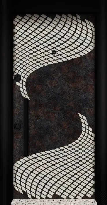 Patina-textured black steel door with diagonal white fish-scale mosaic pattern