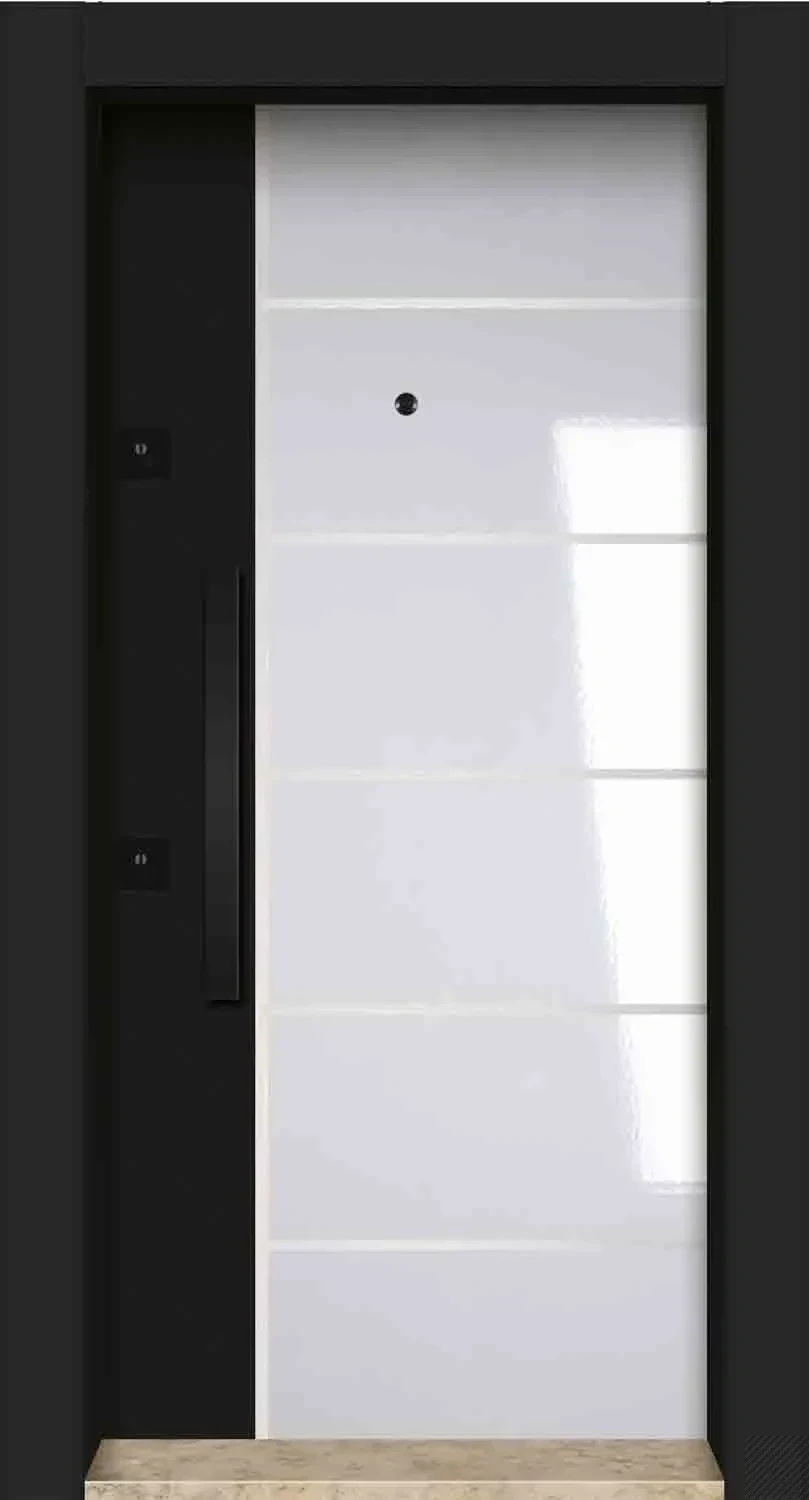 Glossy white steel door with six horizontal groove lines and black handle