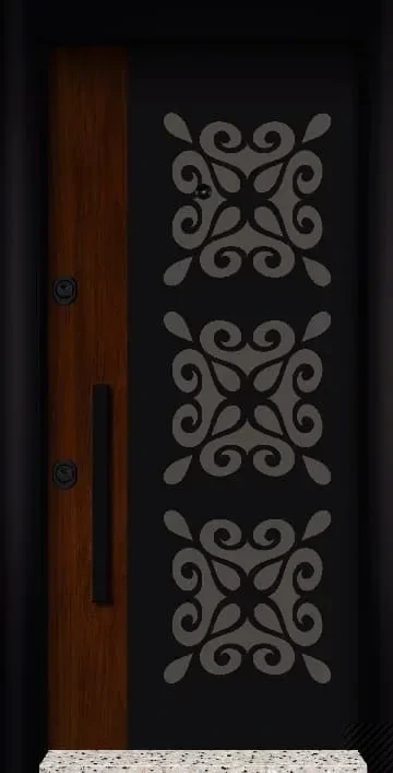 Mahogany wood-paneled black door with gray scroll-and-leaf motif pattern