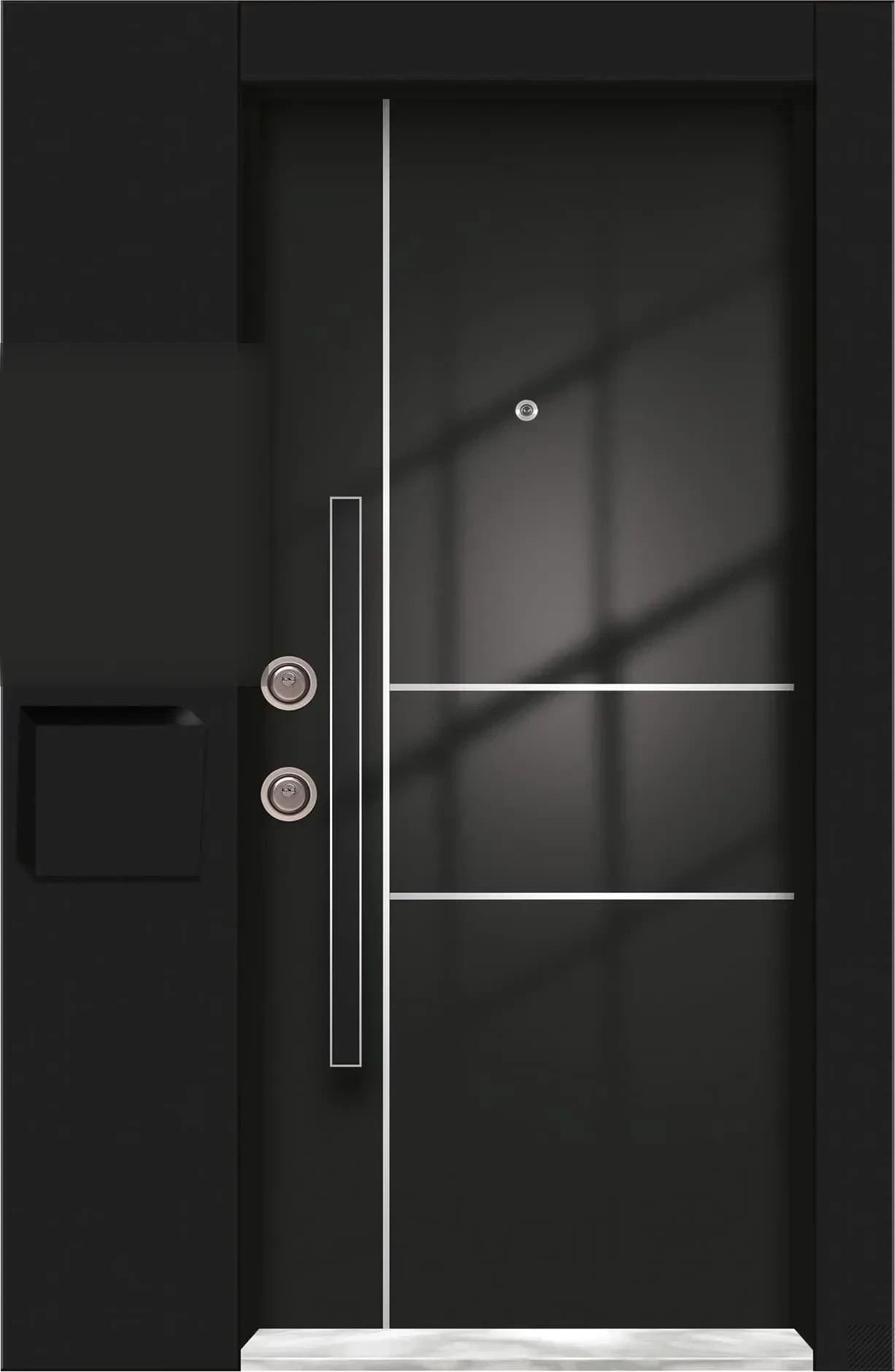 Glossy black steel door with thin crossed vertical and horizontal lines