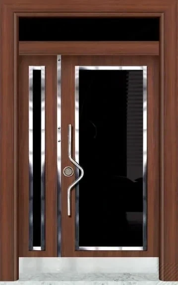 باب فيلا بزجاج أسود لامع غامق وإطار خشبي بني محمر وشريط إنوكس