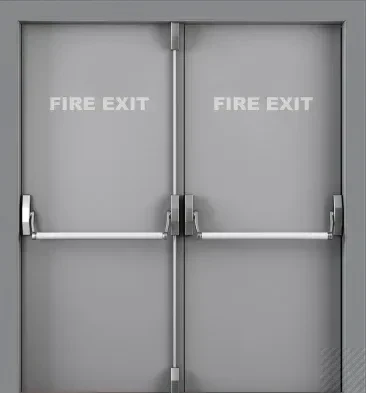 باب حريق رمادي مزدوج بكتابة FIRE EXIT بحروف كبيرة