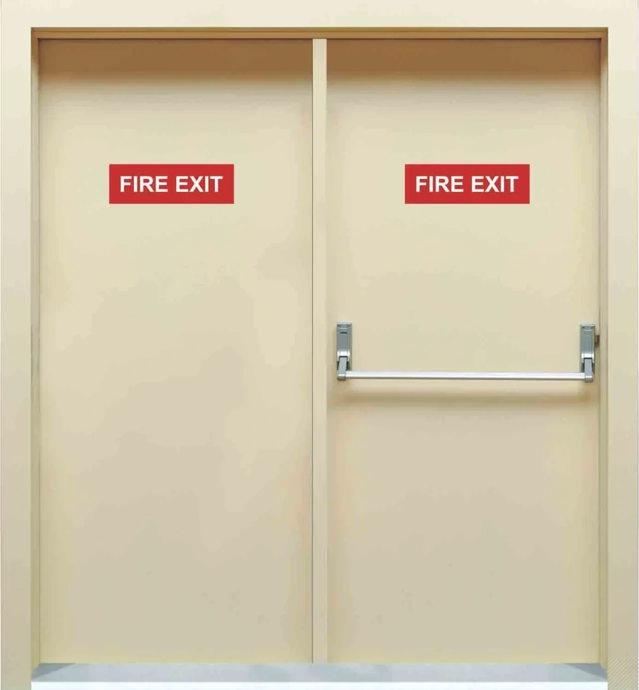 باب حريق كريمي مزدوج بلافتة FIRE EXIT بخلفية حمراء