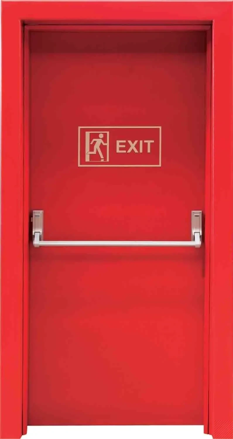 باب حريق أحمر بلوحة EXIT بلون بيج كريمي